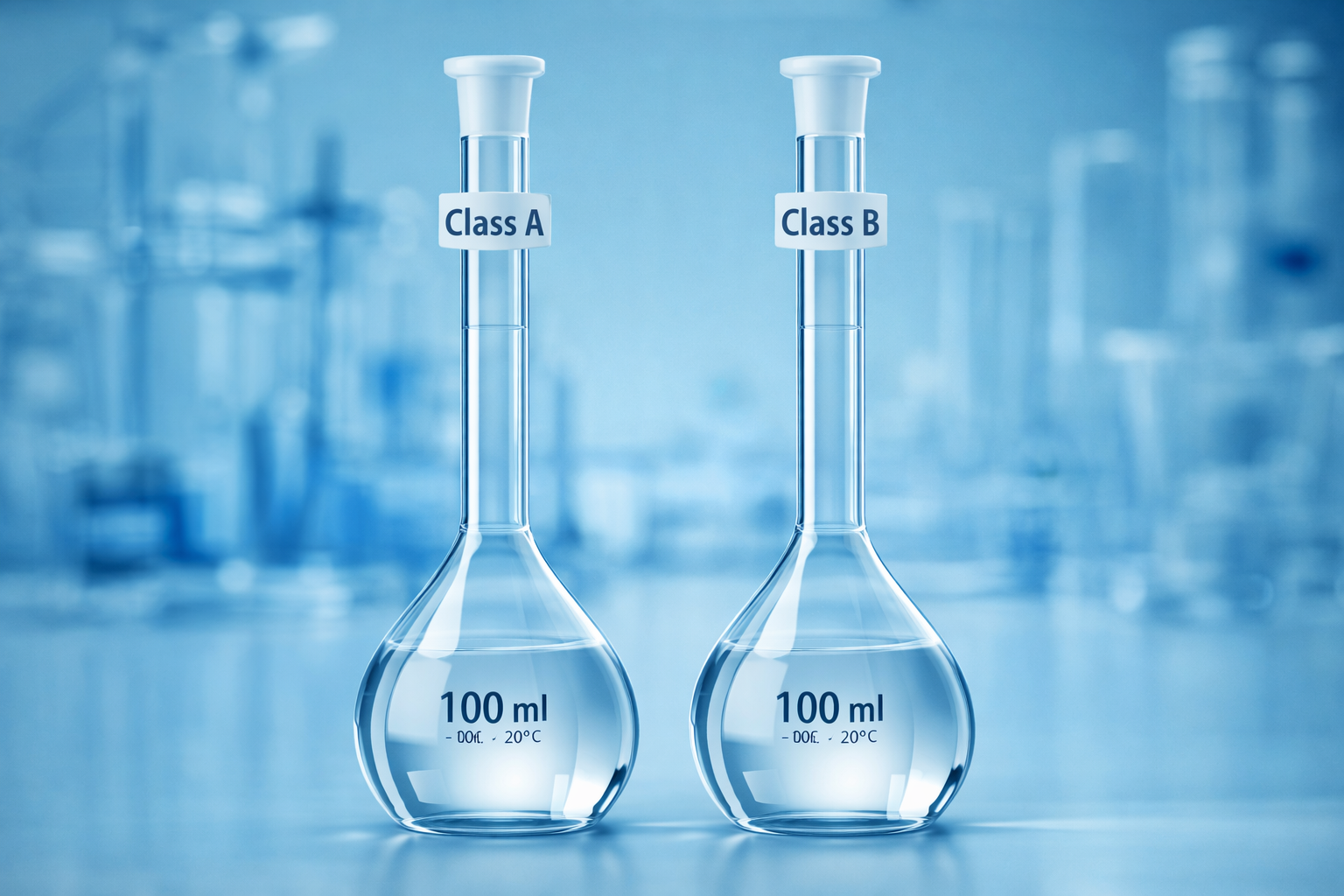 Class A vs Class B volumetric flasks comparison by Biohall Germany