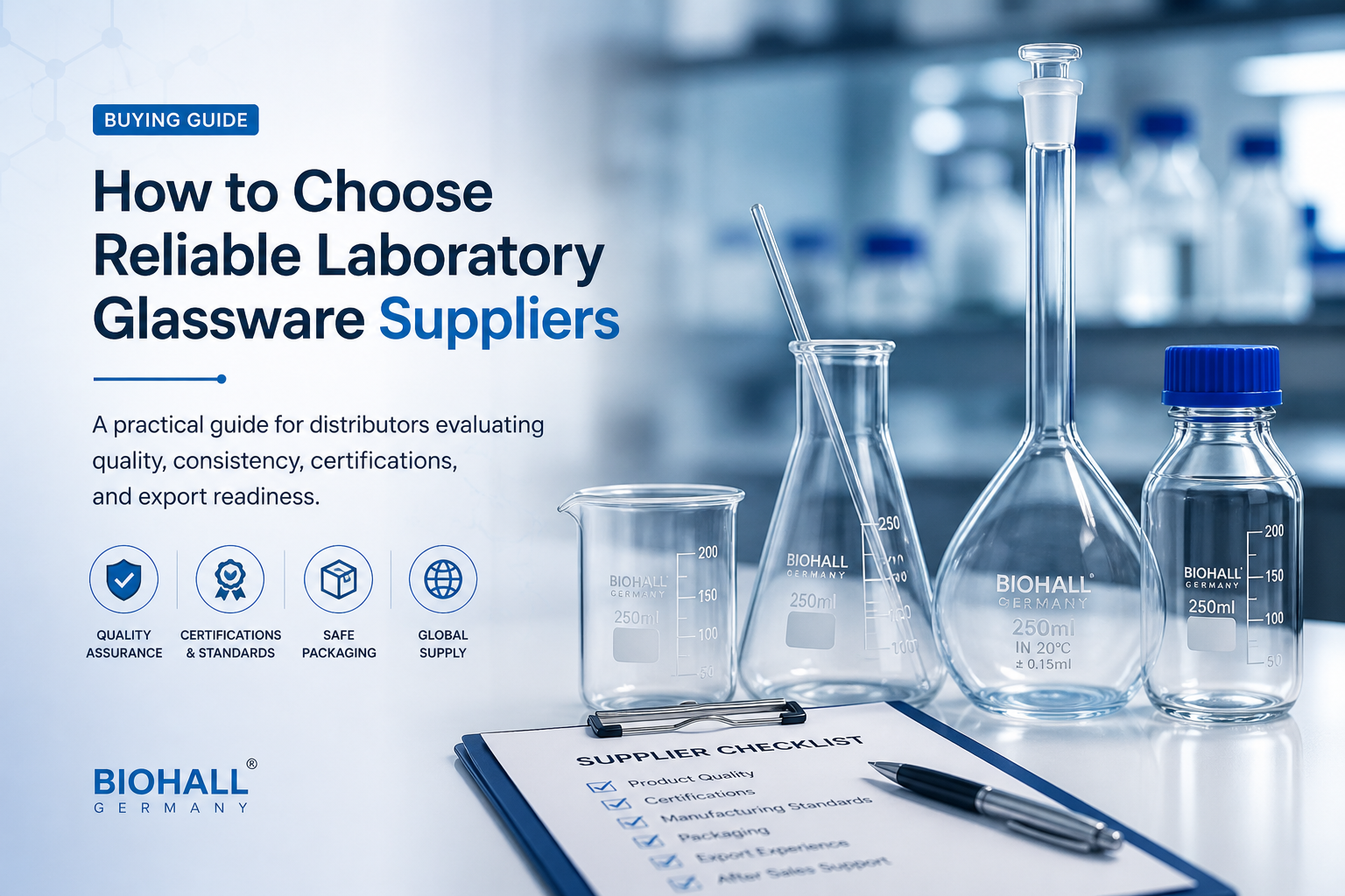 Laboratory glassware supplier quality control borosilicate glass Biohall Germany